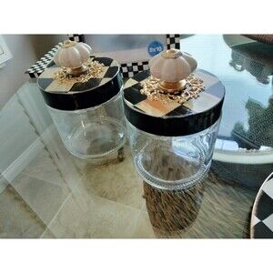 Pair of Whimsical Black White Checks Jar Canisters 25oz 6 1/2" Height Checkered